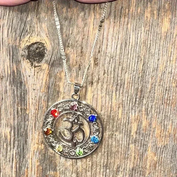 925 sterling silver chain,multi color stone pendant yoga Aum mediation - Picture 10 of 16